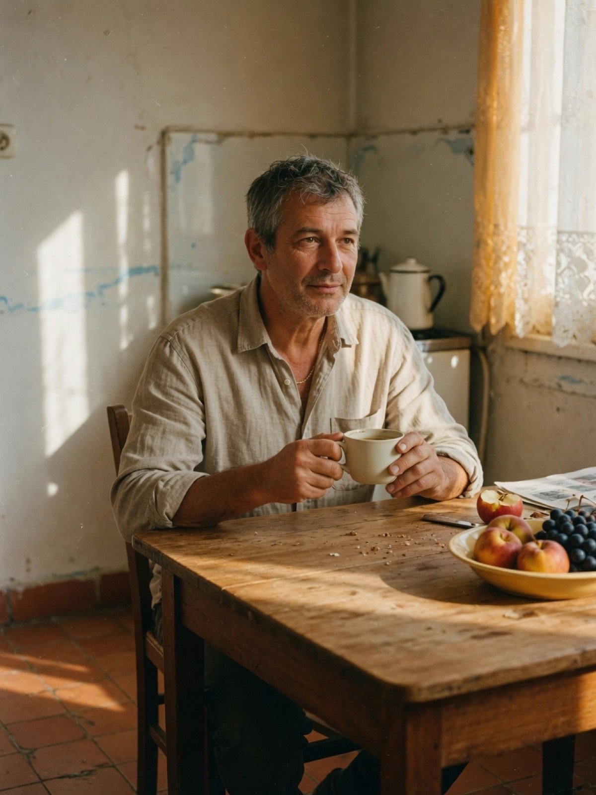 Homme d’une cinquantaine d’années, à sa table, un café à la main, lumière du matin