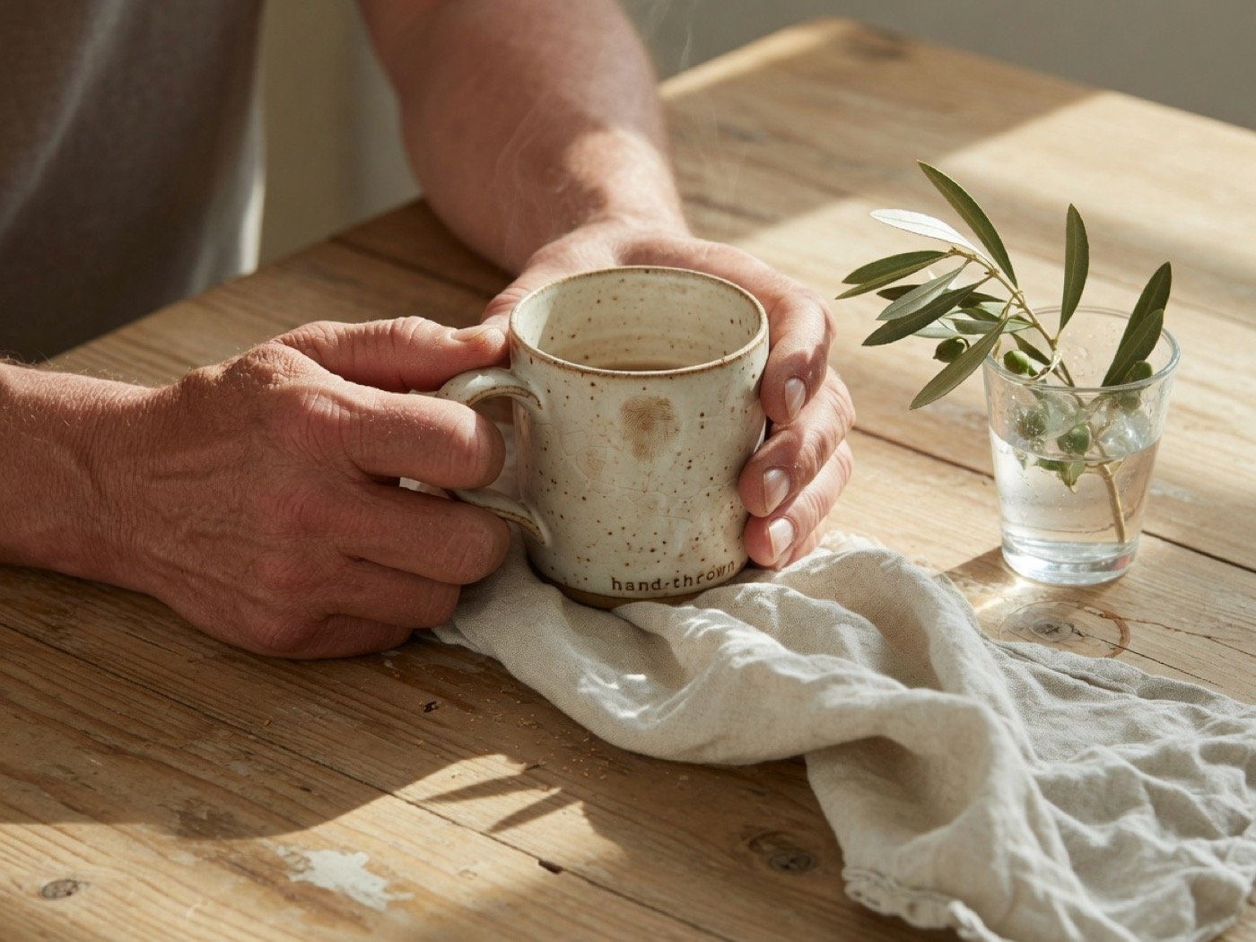 Mains tenant une tasse chaude sur une table en bois